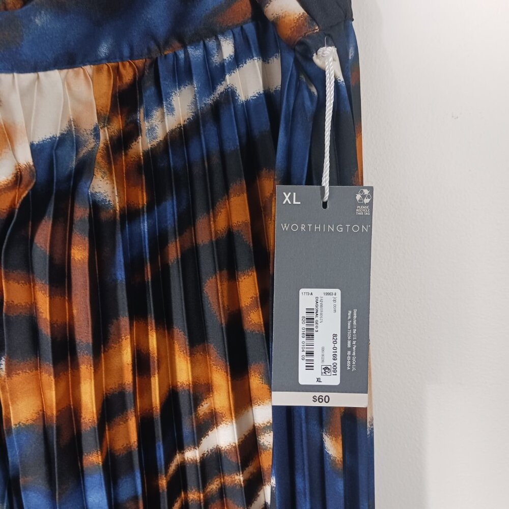 Worthington, NWT XL Midi Pleated Skirt W/ Abstract Print Navy Cream Gold & Black - Picture 5 of 14